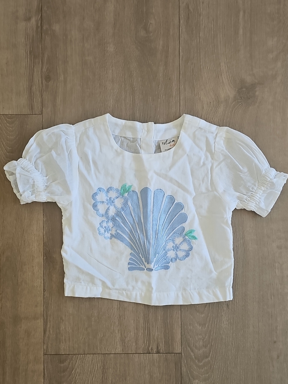 UTSA White Puff-Sleeve Tee with Blue Shell & Floral Embroidery Size 5/6